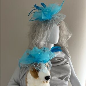 Blue/turquoise Feather Fascinator Set For Owner and Pet by Crown and Collars.
